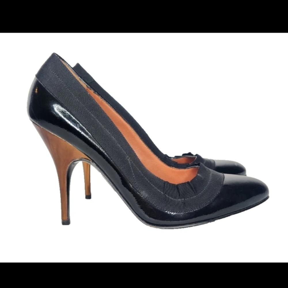 LANVIN Black Patent Leather Heels w/Grossgrain Trim Shoes Italy 38.5 US 8 - 8.5